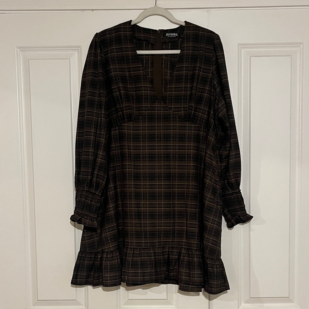 Disturbia Brown and Black Plaid Long Sleeve Dress